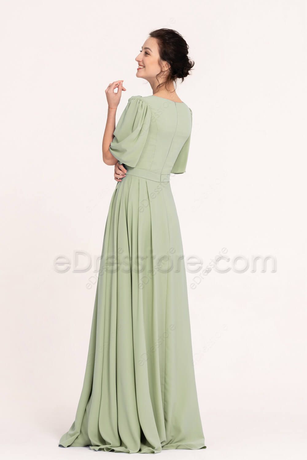 Modest Sage Green Bridesmaid Dresses Flutter Sleeves | eDresstore