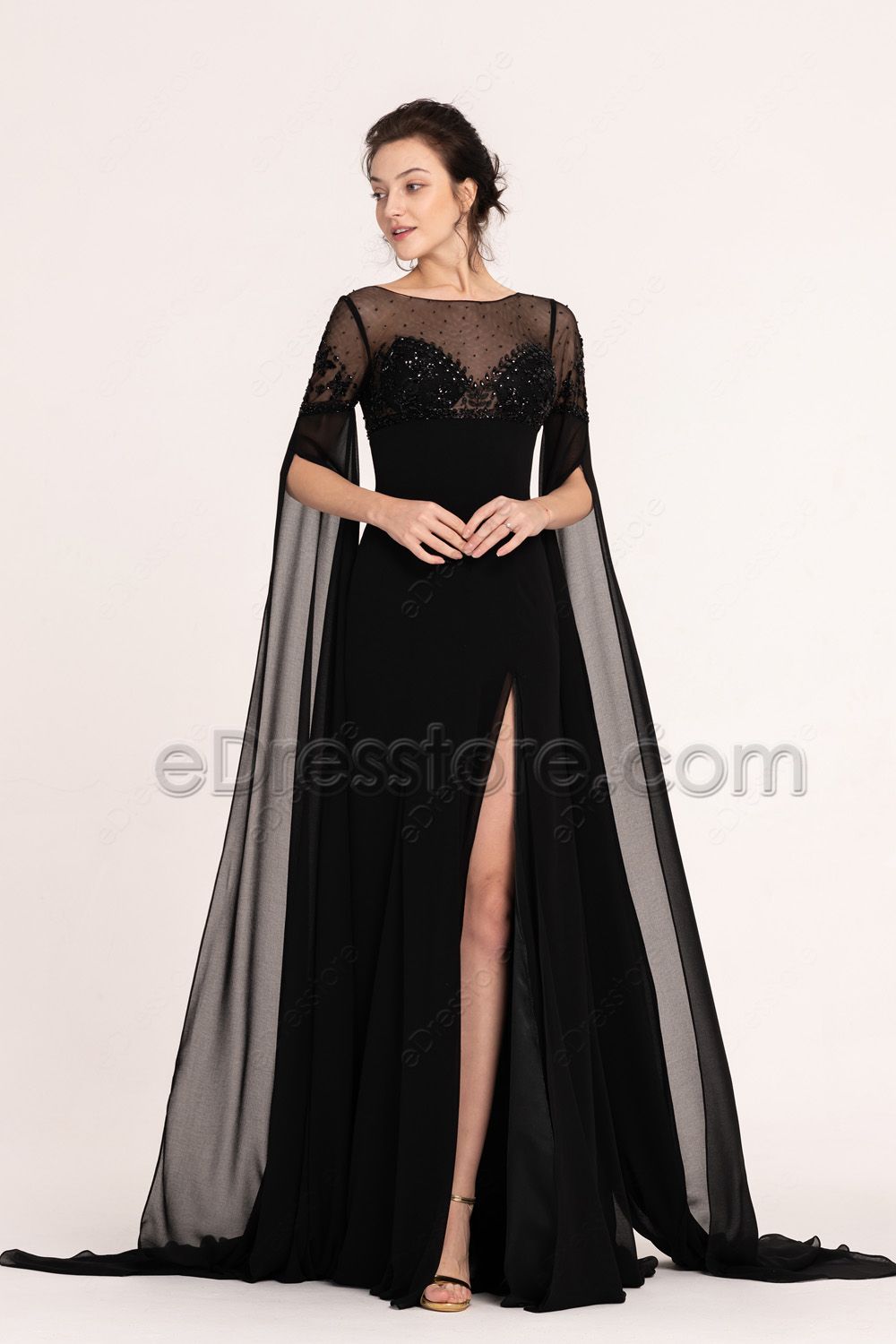 Jovani Bridal JB07137 Long High Slit off the shoulder cape wedding dre –  Glass Slipper Formals