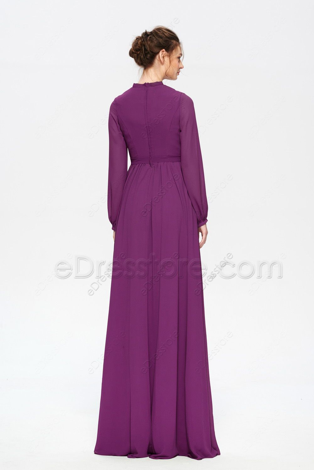 Berry Color Modest Mother of the Bride Dress Long Sleeves | eDresstore