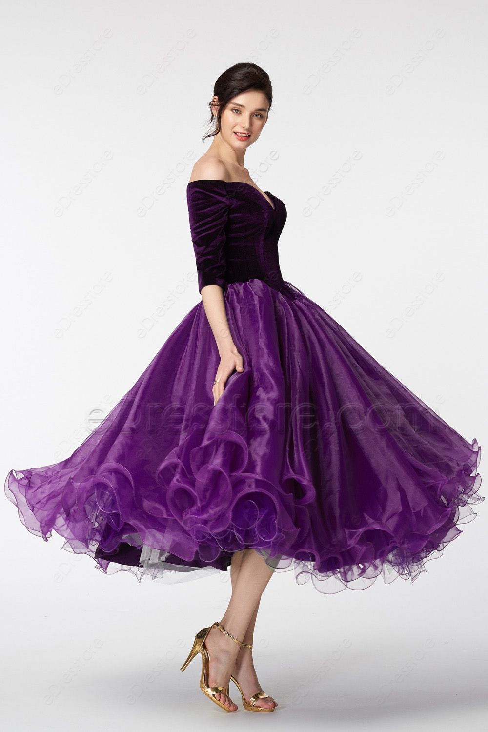 Purple Vintage Off the Shoulder Homecoming Dresses Tea Lenggth | eDresstore