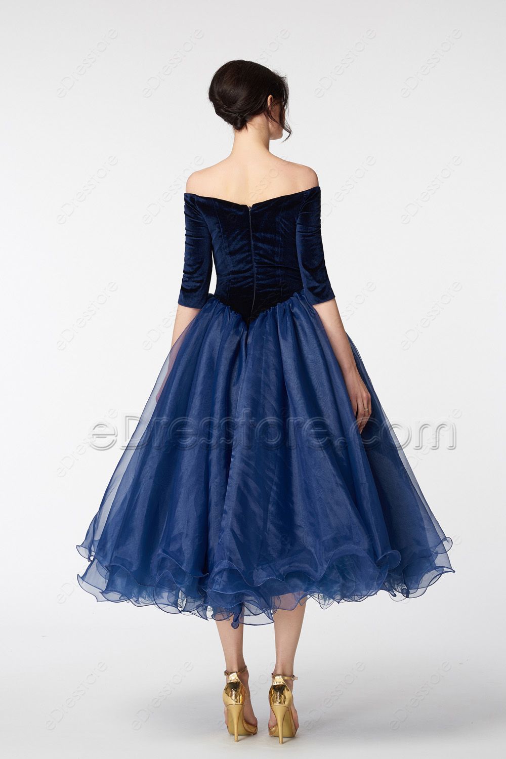 Navy Blue Off the Shoulder Ball Gown VIntage Prom Dress with Sleeves ...