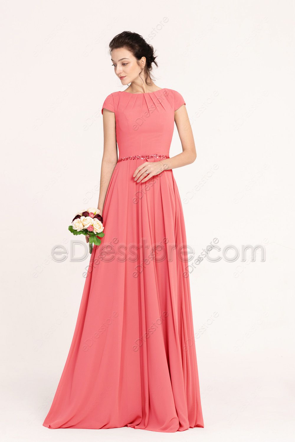 Coral Modest Prom Dresses Cap Sleeves | eDresstore