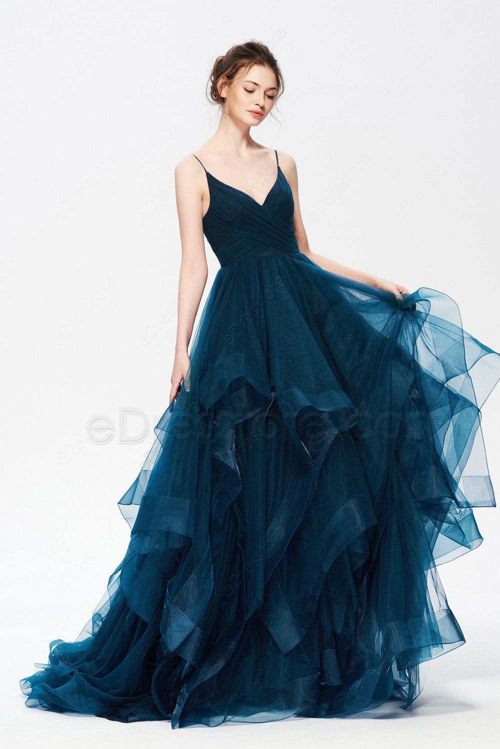 Dark Teal Long Prom Dresses Spaghetti Straps V Neck Edresstore 0735