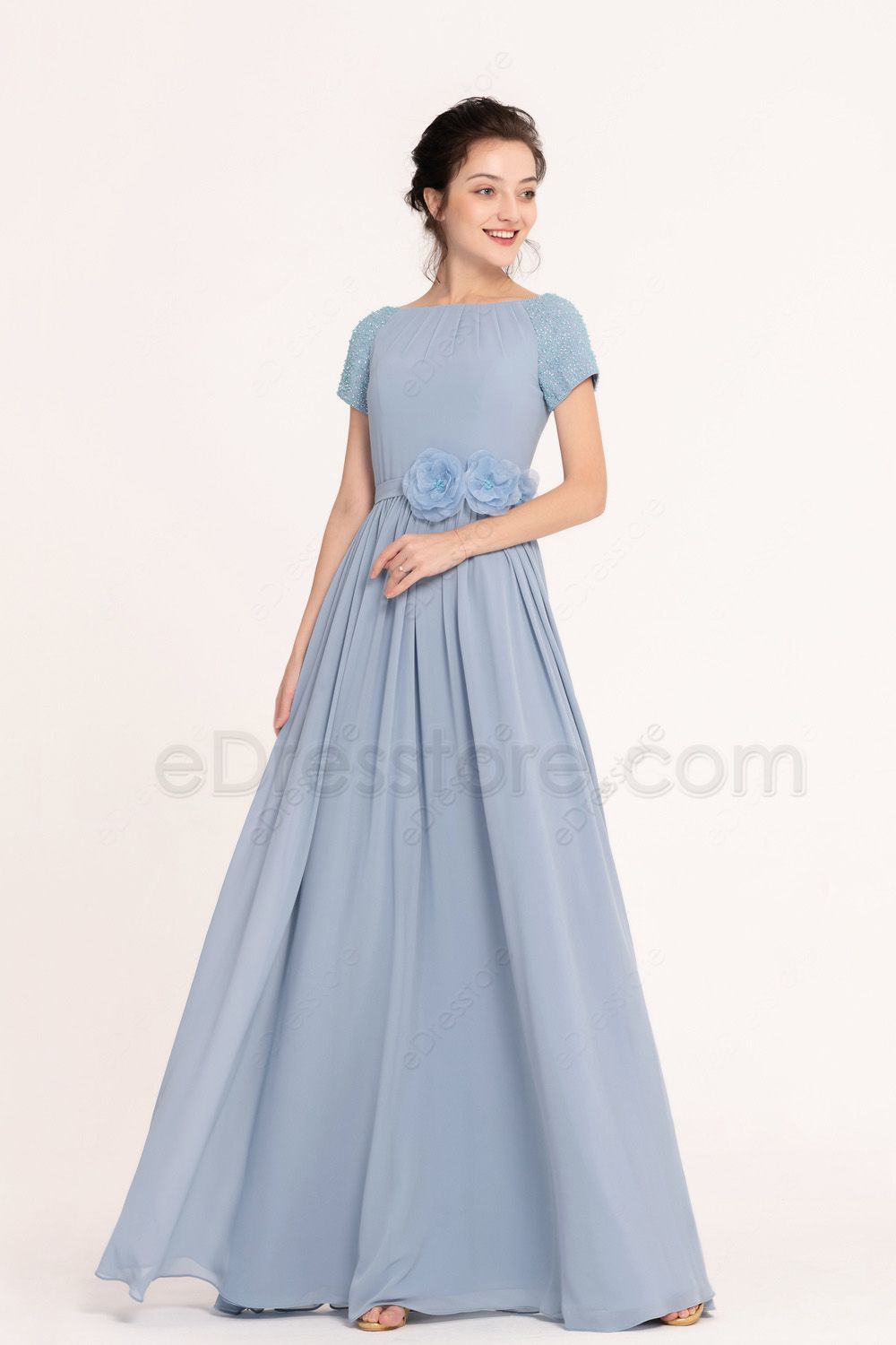 Dusty Blue Beaded Modest Bridesmaid Dress with short sleeves | eDresstore