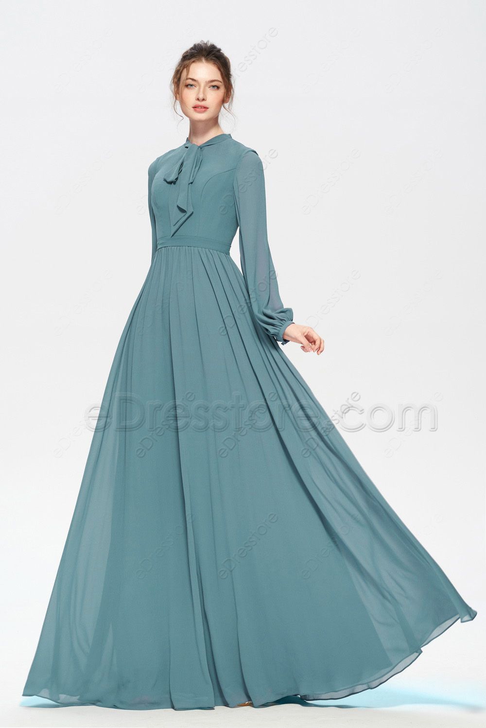 dusty green modest bridesmaid dresses long sleeves | edresstore
