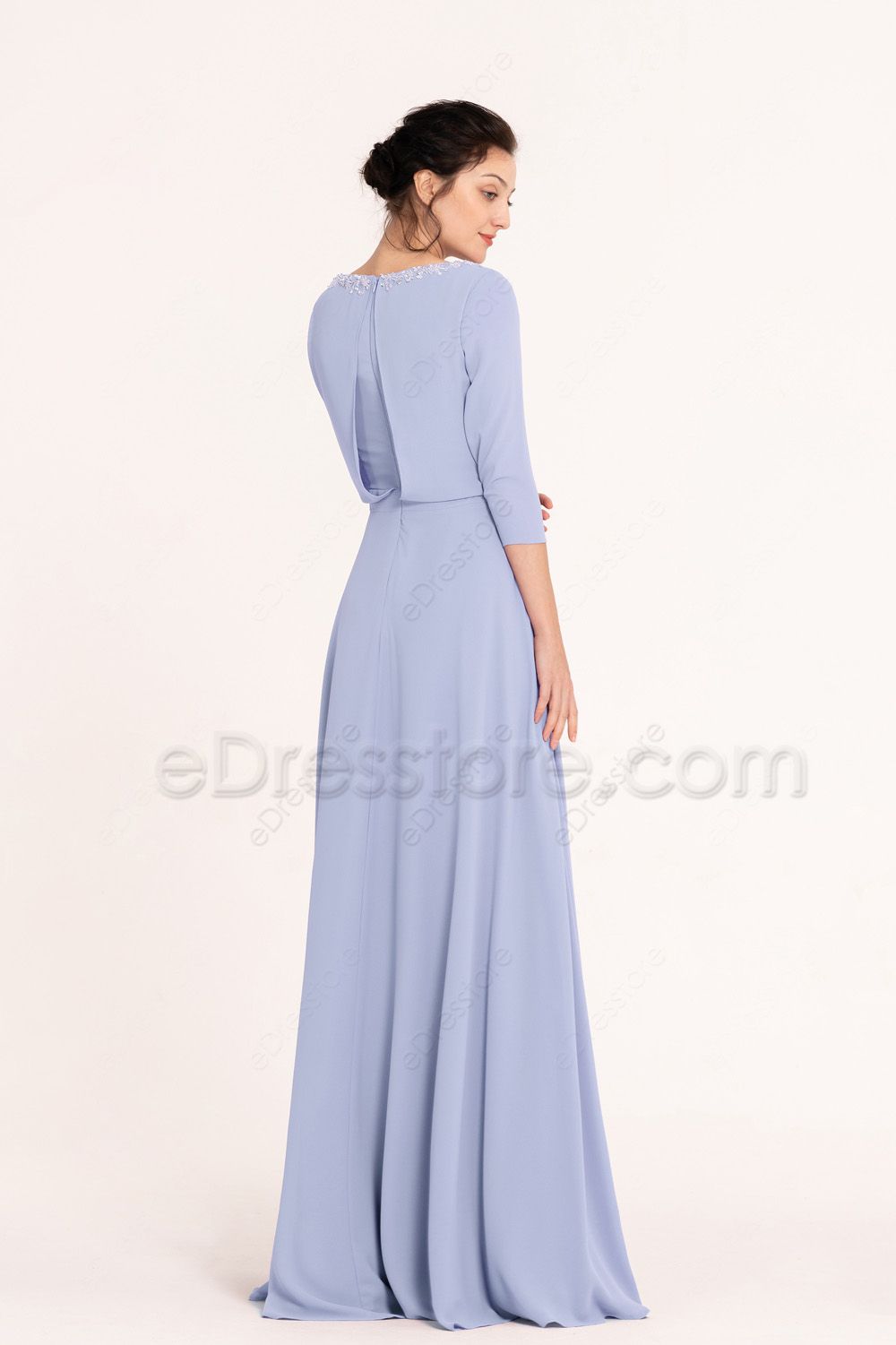 Modest Crystal Beaded Sky Blue Bridesmaid Dresses Three Quarter Sleeves ...