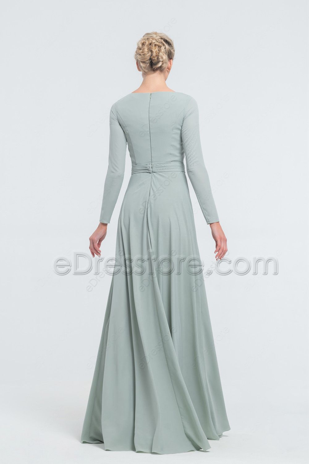 Modest Dusty Sage Bridesmaid Dresses Long Sleeves | eDresstore