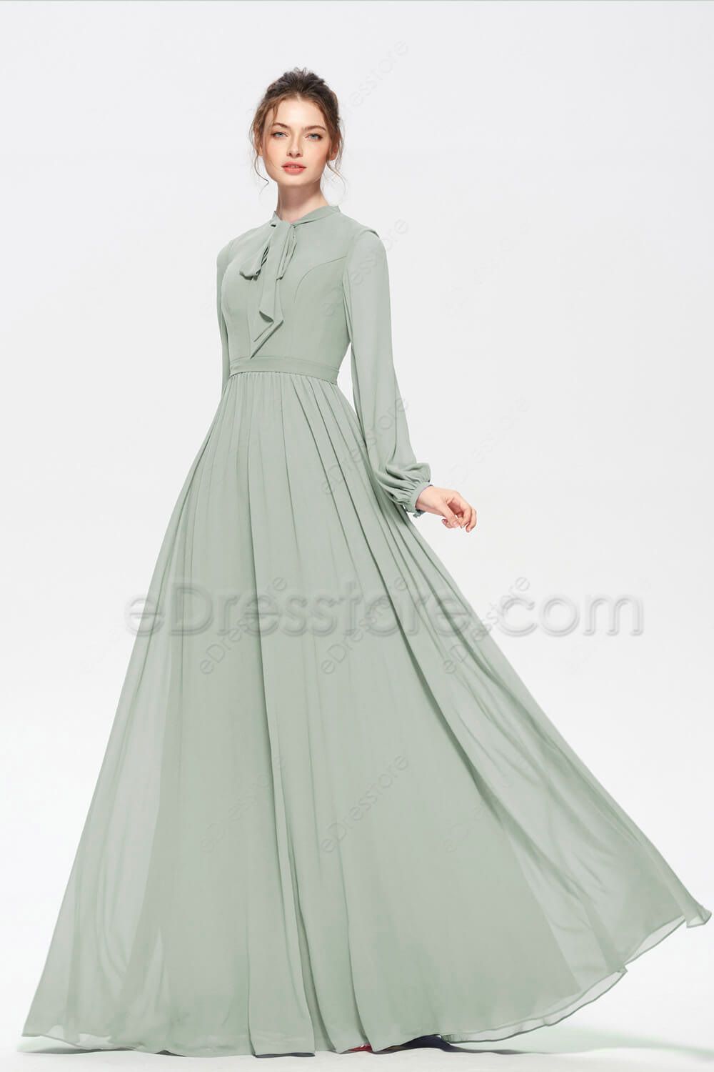 Modest Eucalyptus Bridesmaid Dresses Long Sleeves | eDresstore