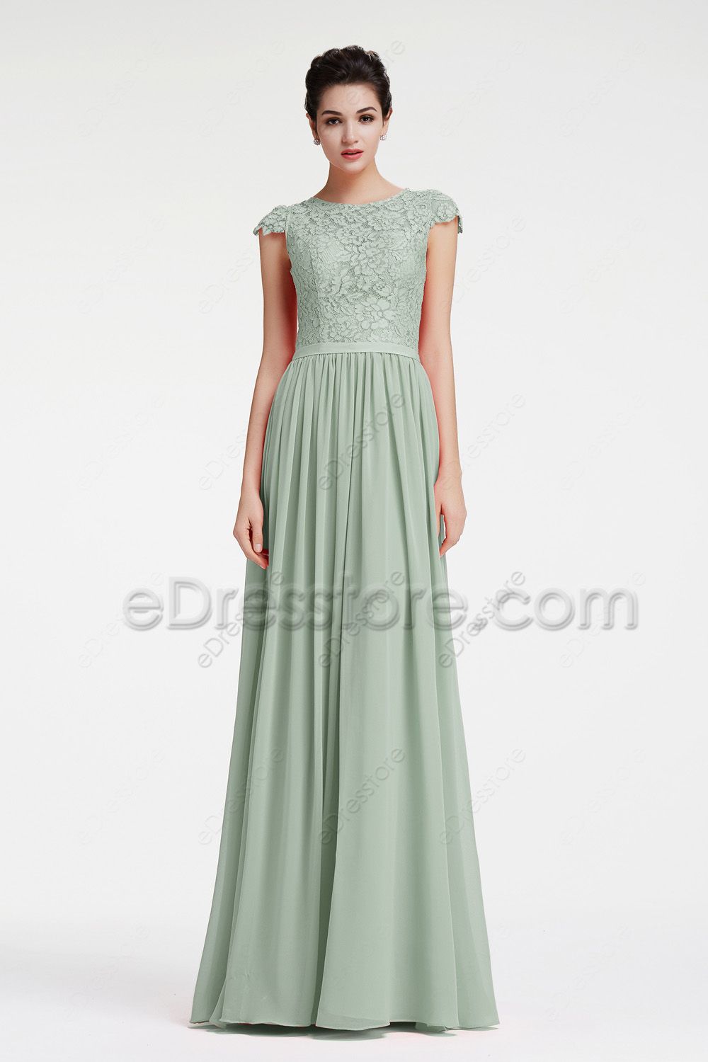 Modest Eucalyptus Green Lace Chiffon Bridesmaid Dresses | eDresstore
