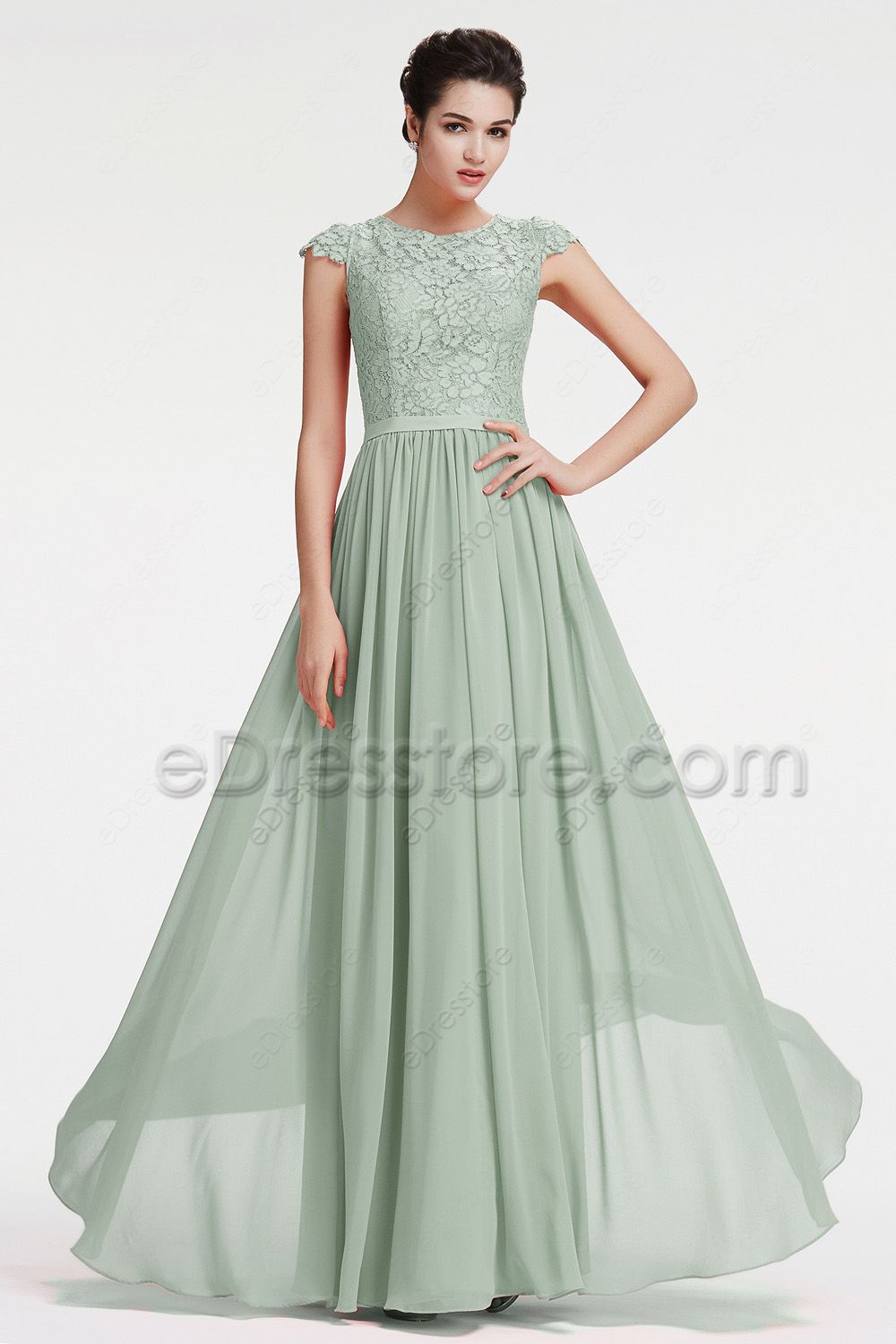 Modest Eucalyptus Green Lace Chiffon Bridesmaid Dresses | eDresstore