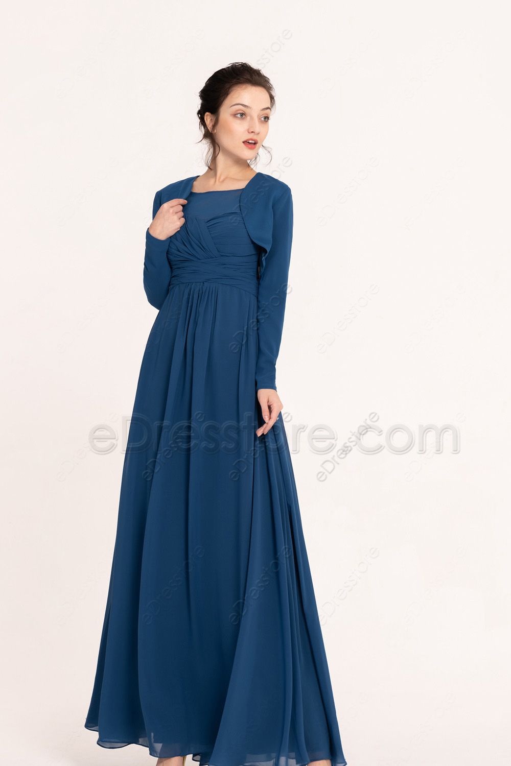 Modest Indigo Blue Bridesmaid Dresses with Long Sleeve Bolero | eDresstore