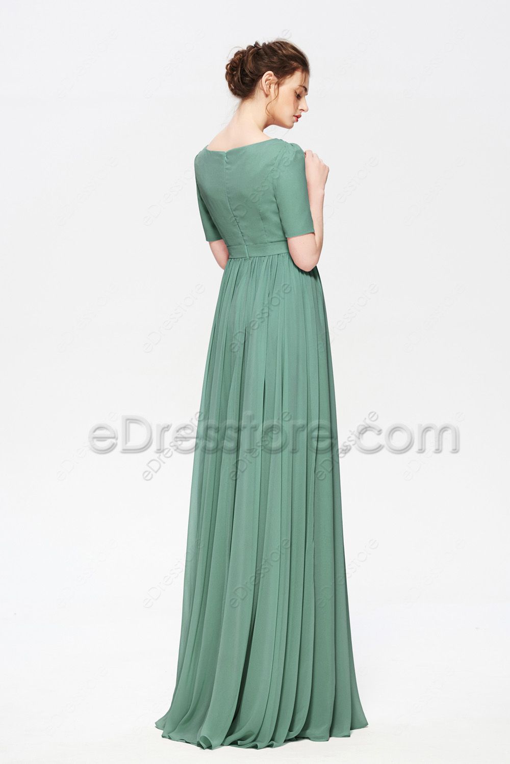 Modest LDS Eucalyptus Green Bridesmaid Dresses Elbow Sleeves | eDresstore
