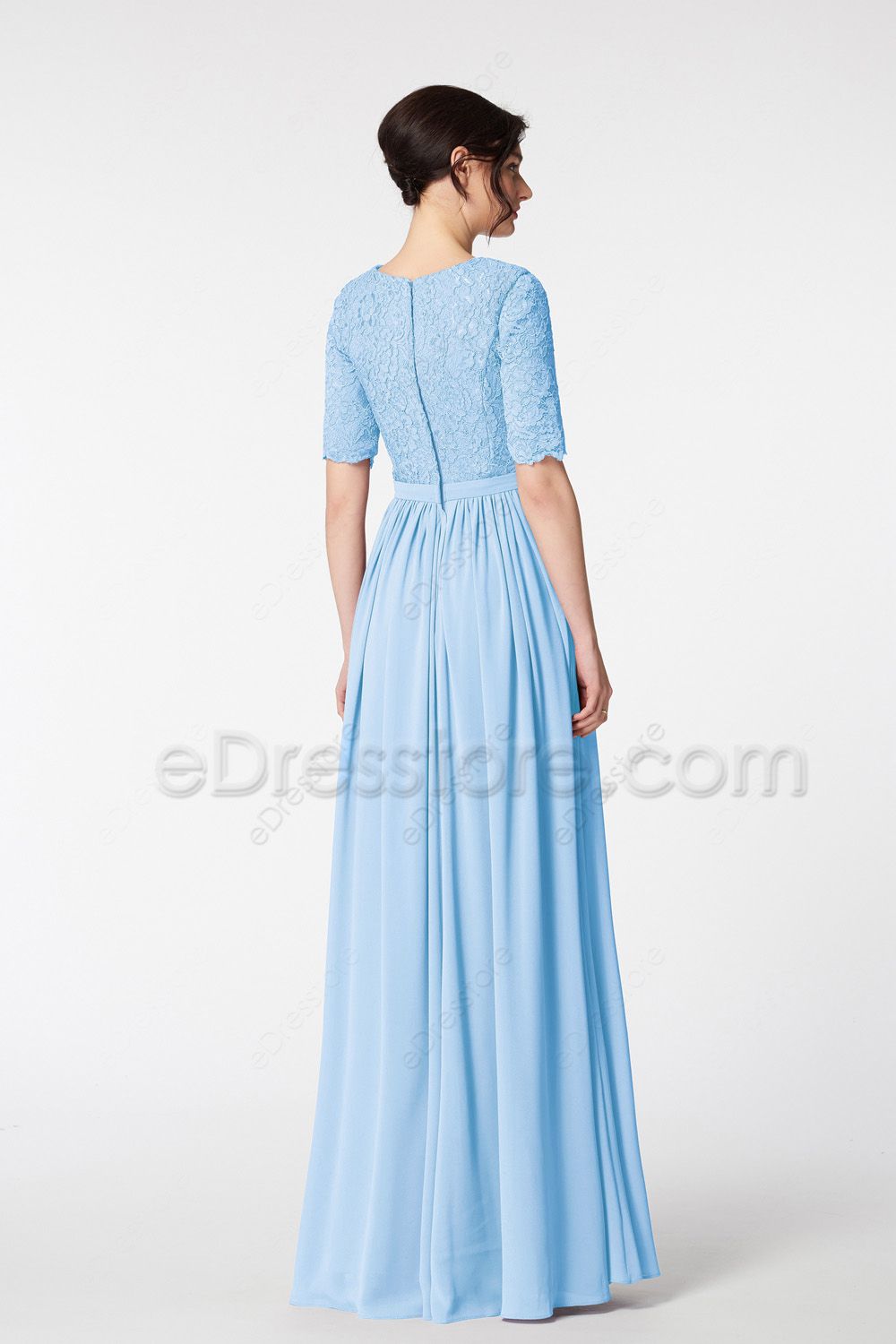 Modest LDS Lace Baby Blue Bridesmaid Dresses Elbow Sleeves | eDresstore
