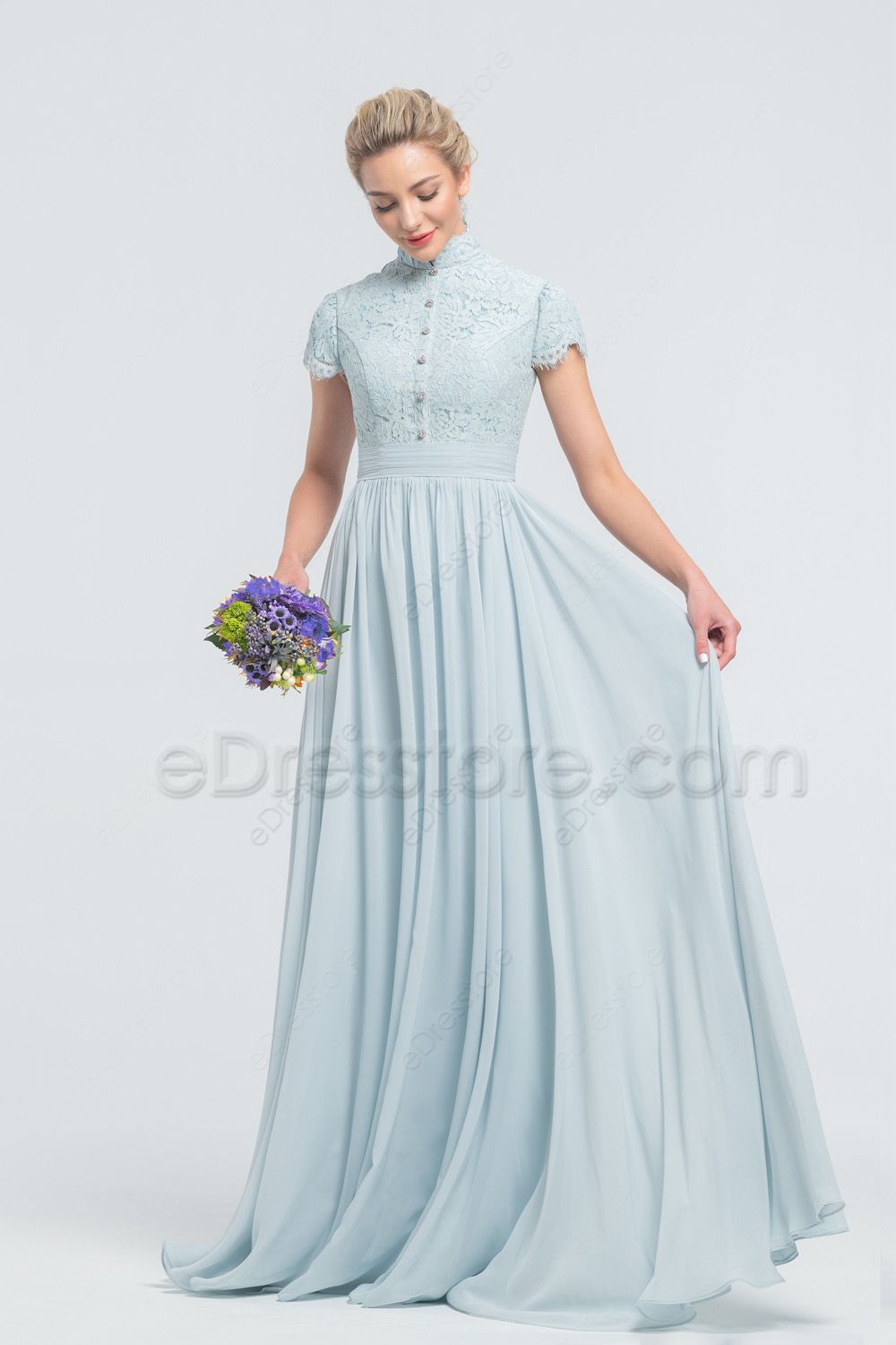 Modest LDS Lace Chiffon Ice Blue Bridesmaid Dresses Mock Neck | eDresstore