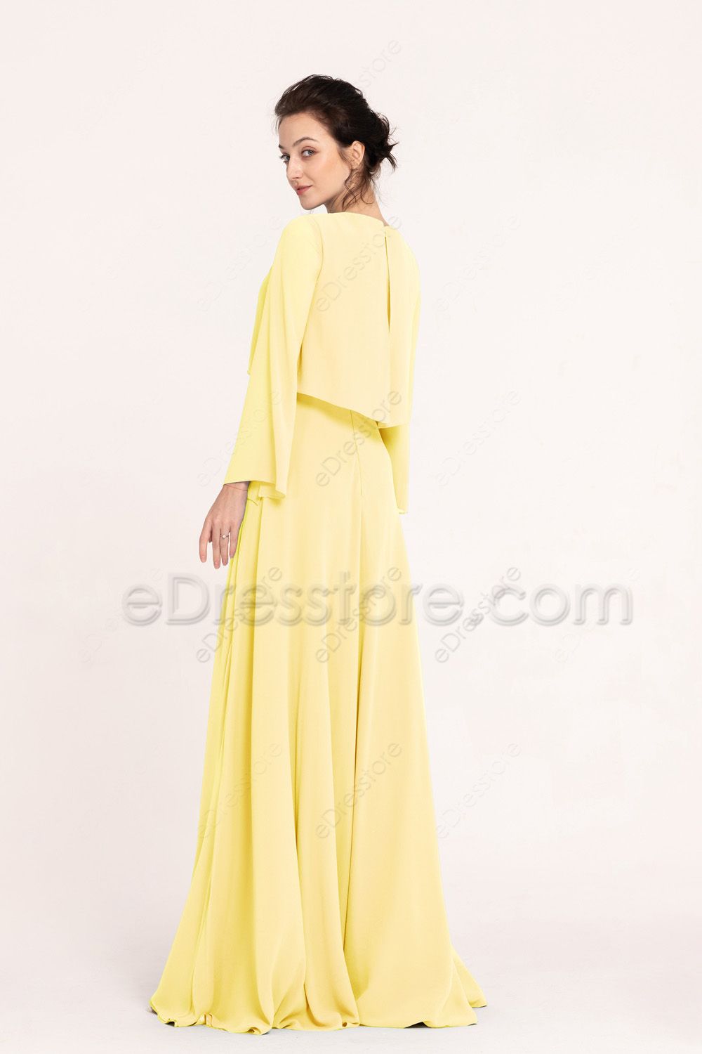 Modest LDS Light Yellow Bridesmaid Dresses Long Sleeves | eDresstore
