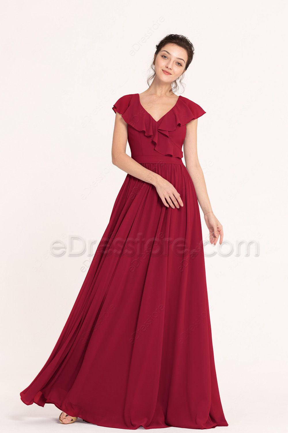Modest LDS Maroon Bridesmaid Dresses Flounce Cap Sleeves eDresstore