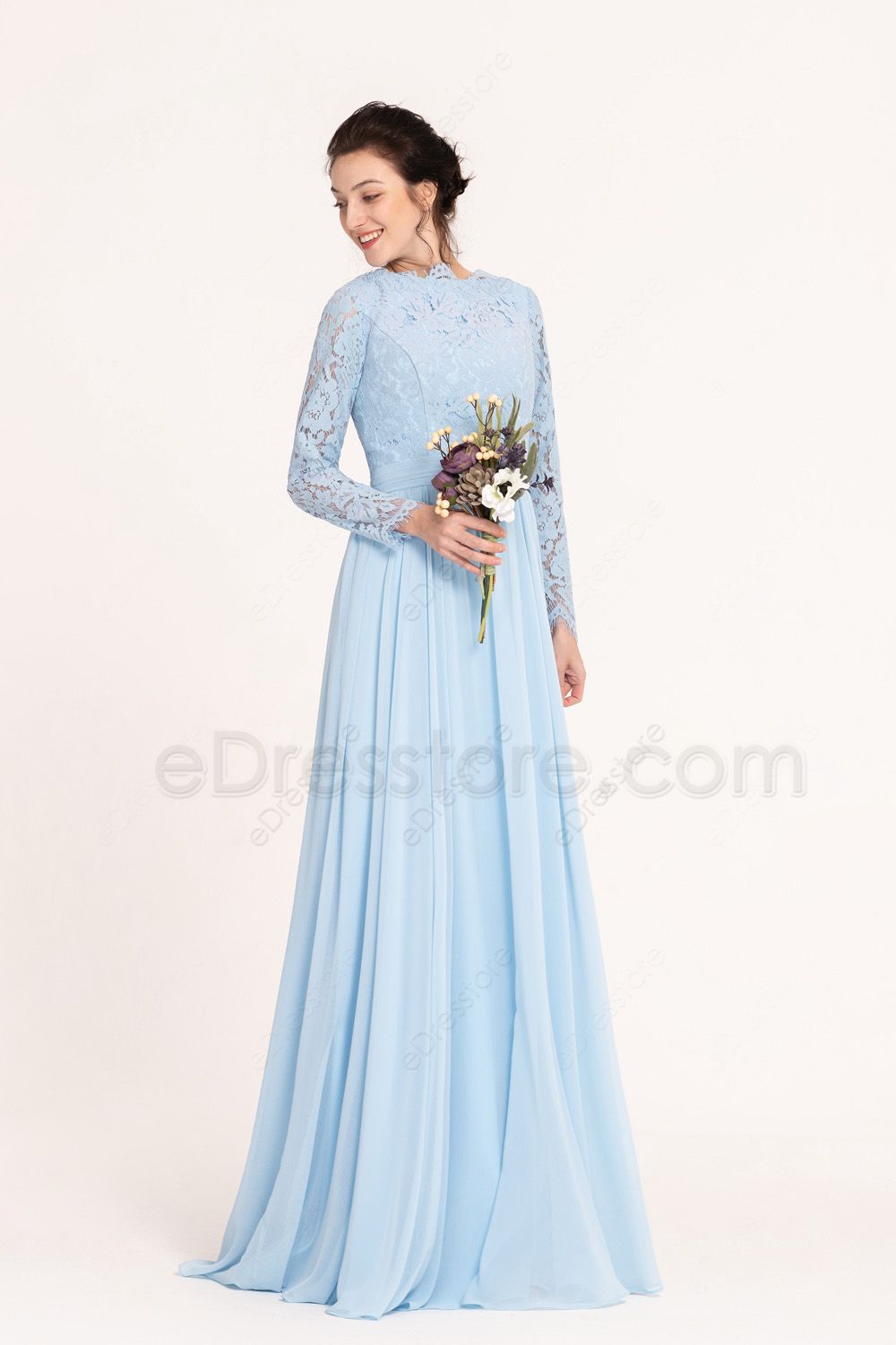 Modest Light Blue Bridesmaid Dresses Long Sleeves | eDresstore