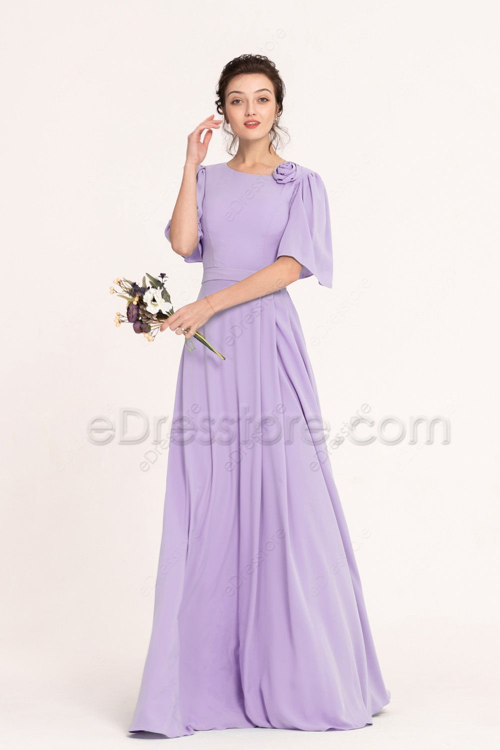 Modest Lilac Bridesmaid Dresses with Sleeves | eDresstore