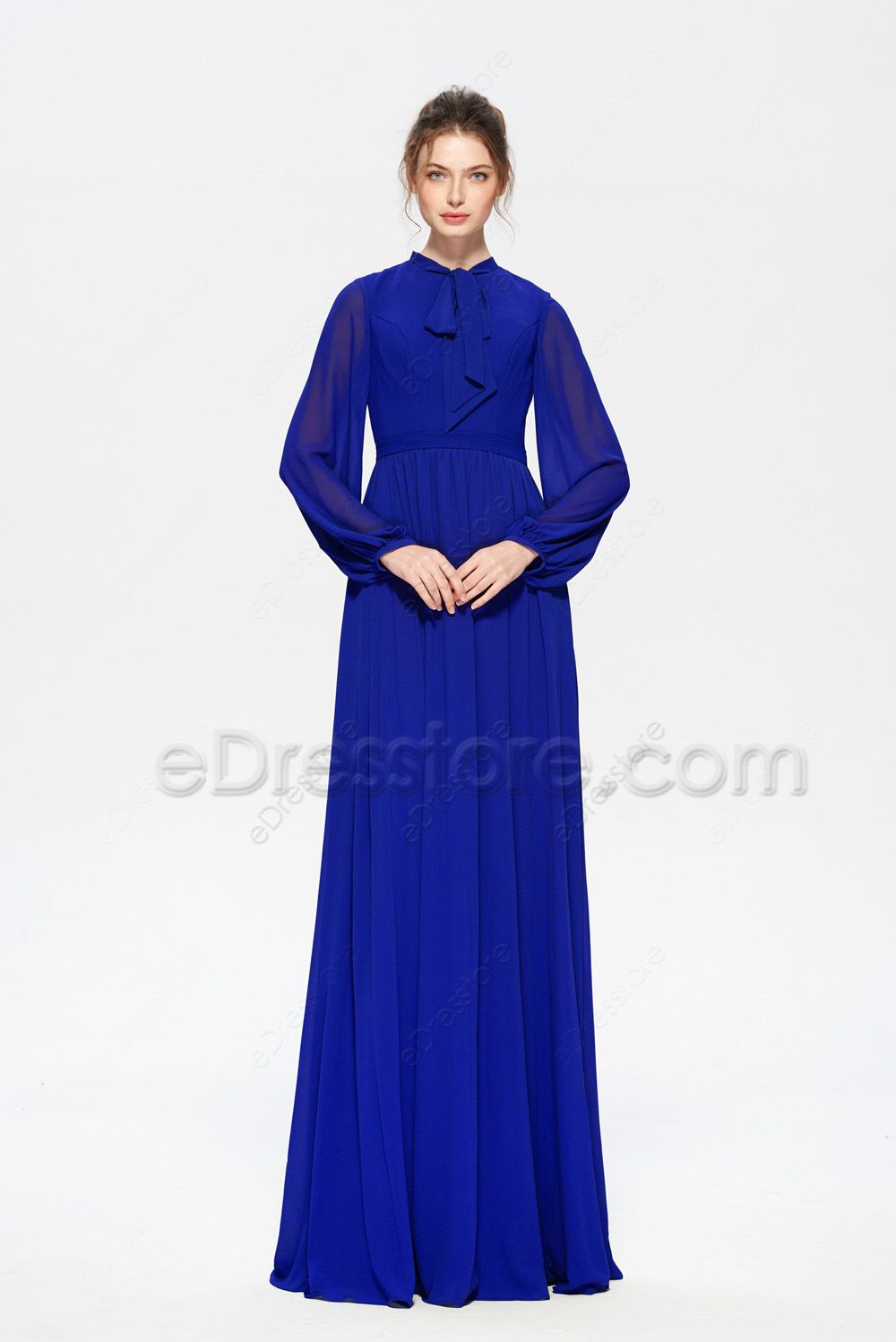 Modest Mormon Cobalt Blue Bridesmaid Dresses Long Sleeves | eDresstore