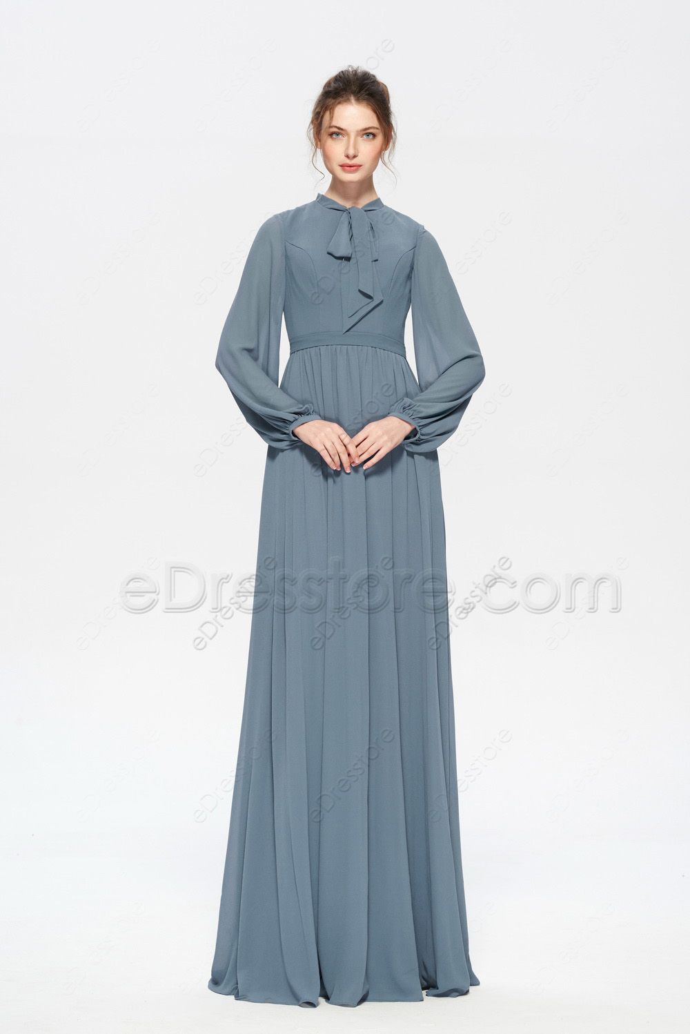 Modest Mormon Dusty Blue Bridesmaid Dresses Long Sleeves | eDresstore