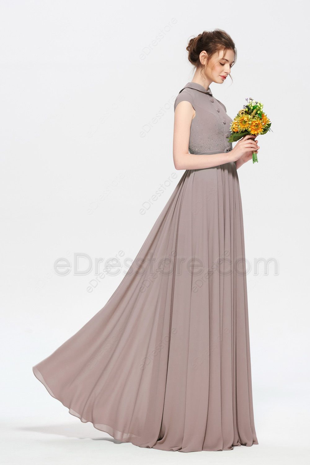 Modest Neutral Bridesmaid Dresses Jewel Neckline | eDresstore