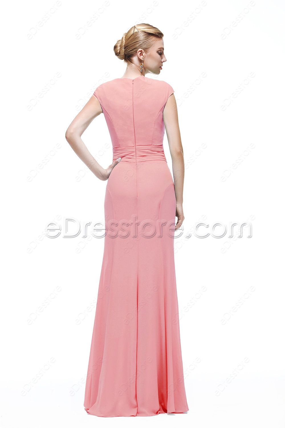 Mermaid Crystals Modest Pink Prom Dress Cap Sleeves | eDresstore