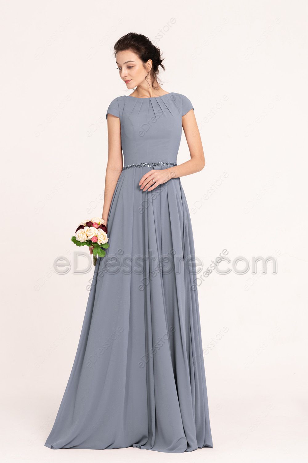 Modest Steel Blue Bridesmaid Dresses with Beadings | eDresstore