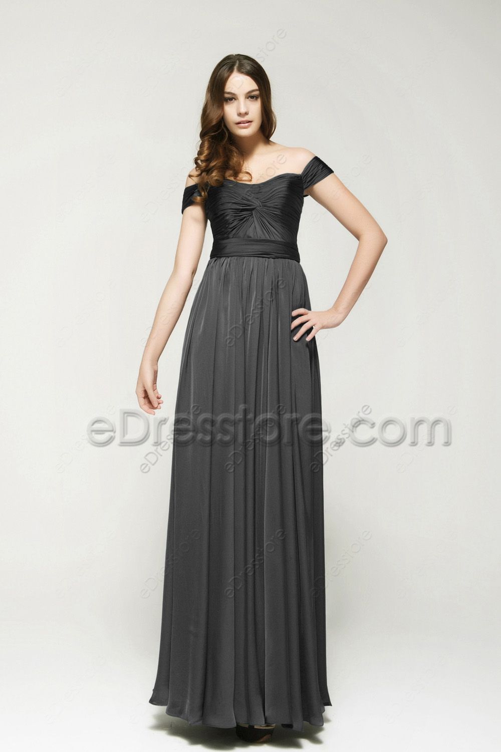Off the Shoulder Black Satin Bridesmaid Dresses | eDresstore