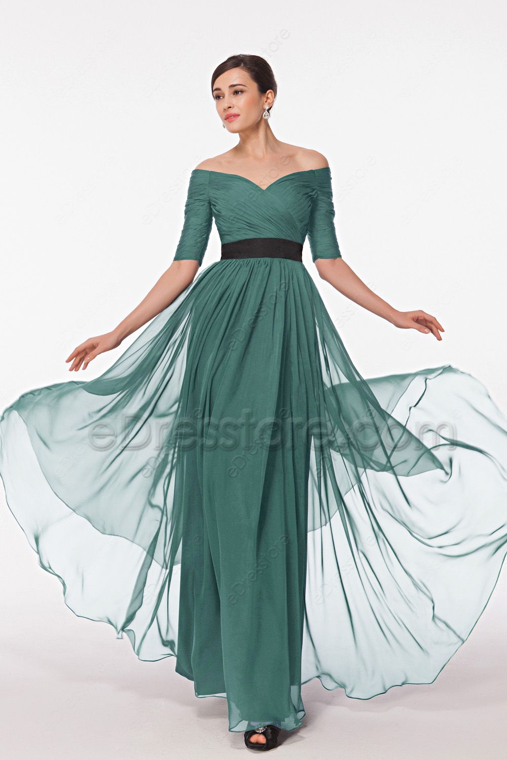 Off the Shoulder Chiffon Eucalyptus Bridesmaid Dresses Elbow Sleeves