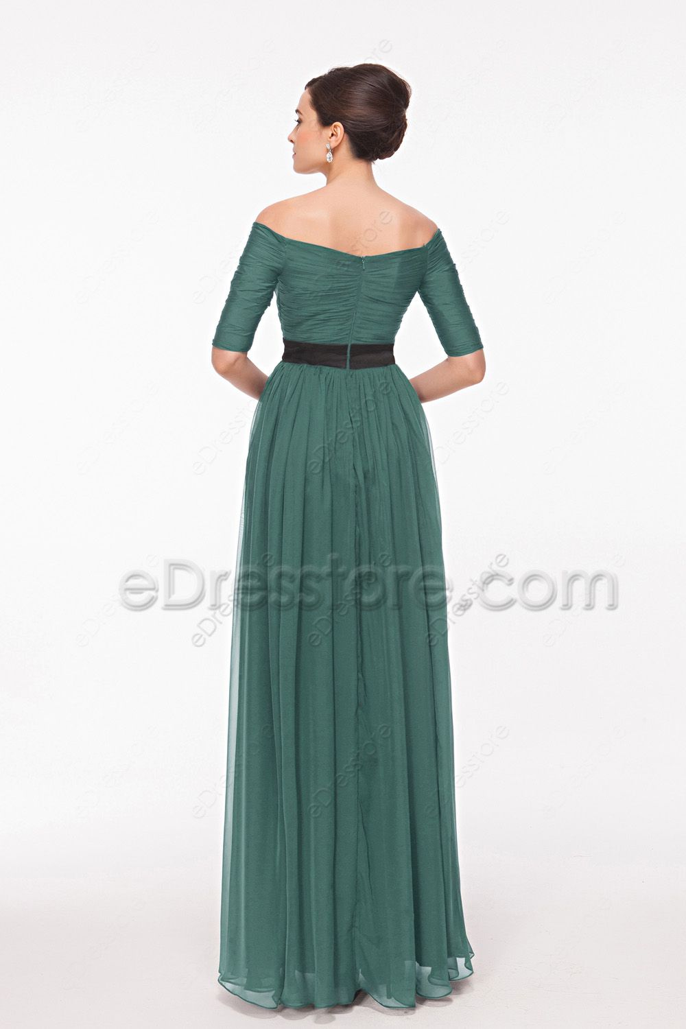 Off the Shoulder Chiffon Eucalyptus Bridesmaid Dresses Elbow Sleeves