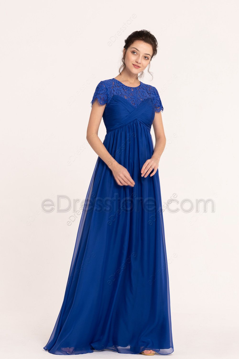 Sapphire Blue Modest Maternity Bridesmaid Dresses Short Sleeves ...