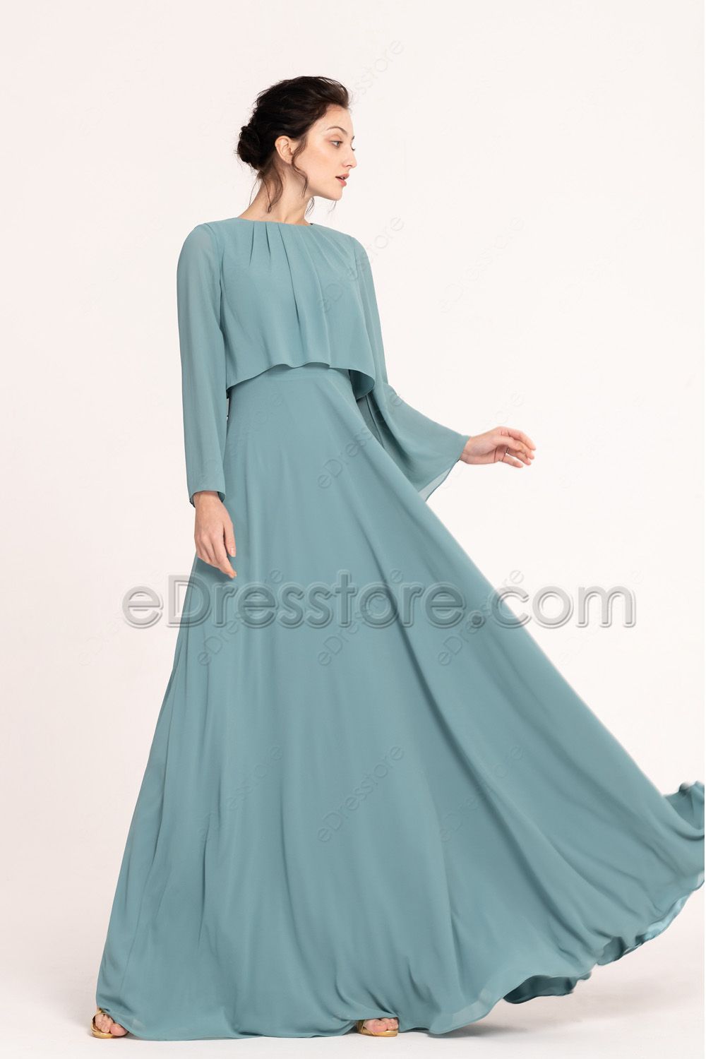 Seaglass Green Popover Modest Bridesmaid Dresses Long Sleeves | eDresstore