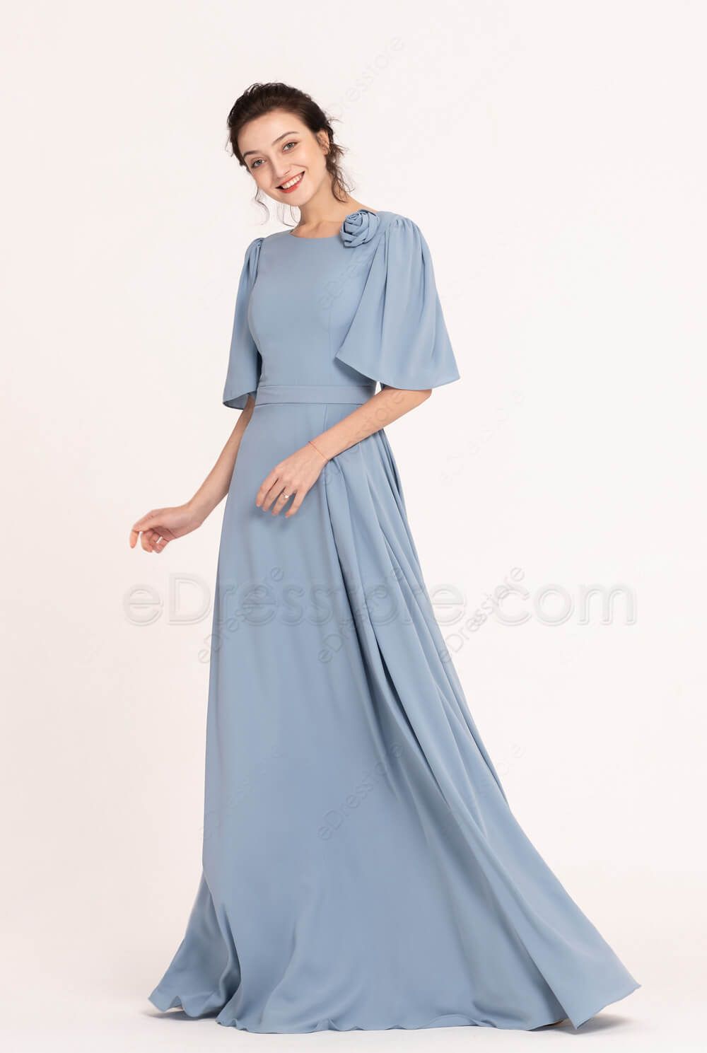 Steel Blue Modest Bridesmaid Dresses with Elbow Sleeves | eDresstore