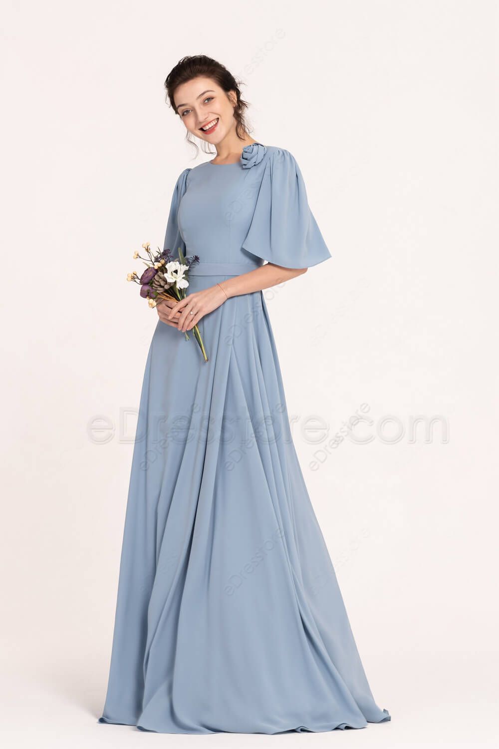 Steel Blue Modest Bridesmaid Dresses with Elbow Sleeves | eDresstore