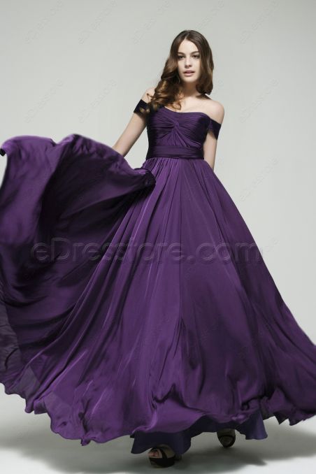 Off the Shoulder Purple Eggplant Satin Bridesmaid Dresses