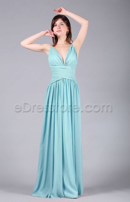 Simple V Neck Light Blue Prom Dresses