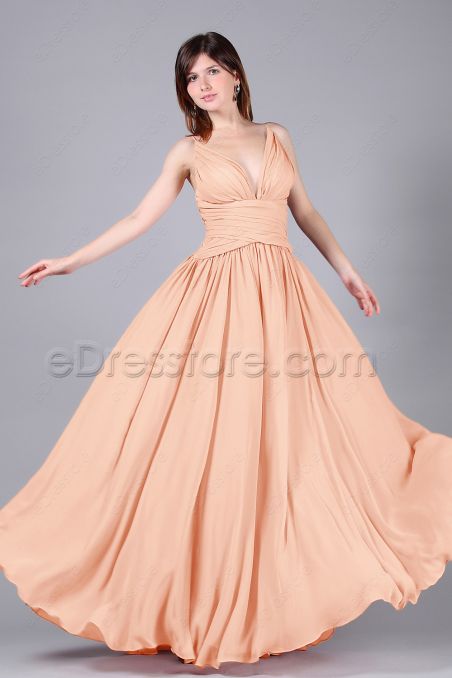 Spaghetti Straps Peach Color Bridesmaid Dresses