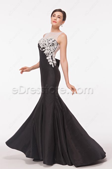 Backless Black Mermaid Prom Dresses with Crystals and White Lace
