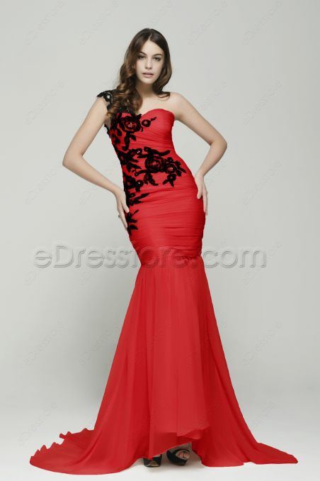 One Shoulder Mermaid Red Prom Dresses with Black Lace