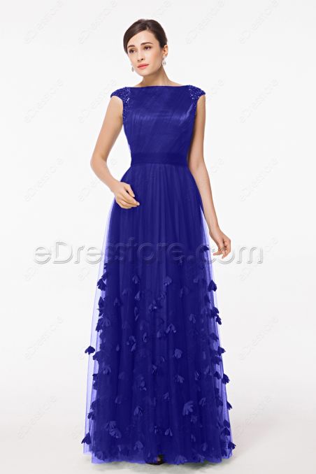 Modest Royal Blue Formal Dresses Cap Sleeves