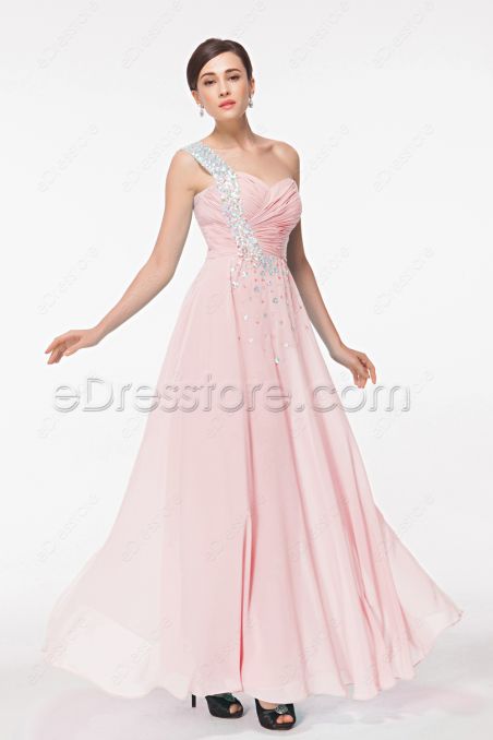 Pink Crystals Chiffon Prom Dress