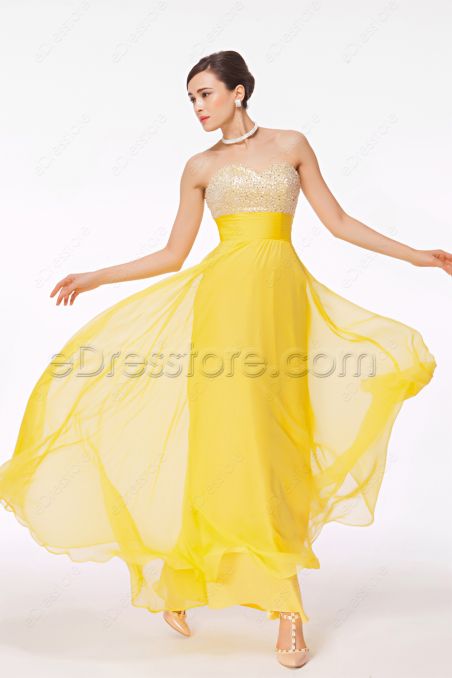 Beaded Sequin Yellow Flowing Prom Dress