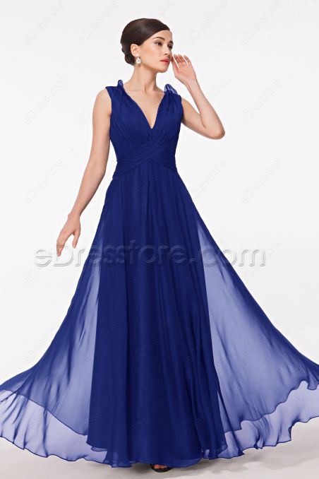 V Neck Royal Blue Bridesmaid Dresses Sheer Back