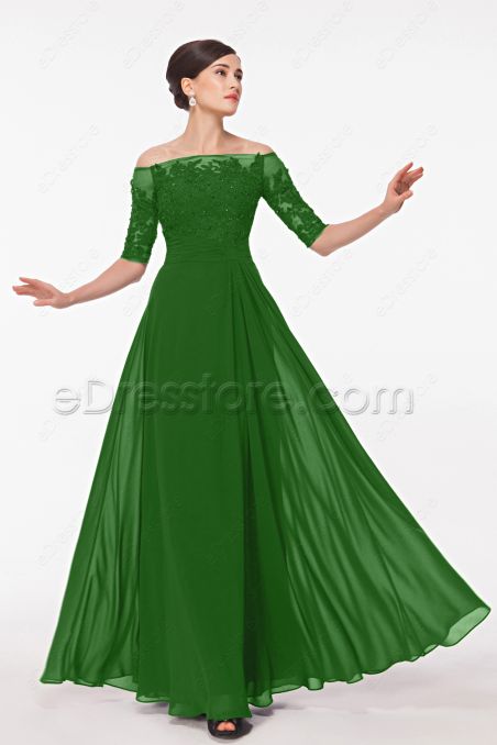 Off the Shoulder Modest Emerald Green Formal Dresses with Sleeves
