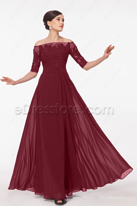 Burgundy Modest Lace Prom Dresses with Sleeves