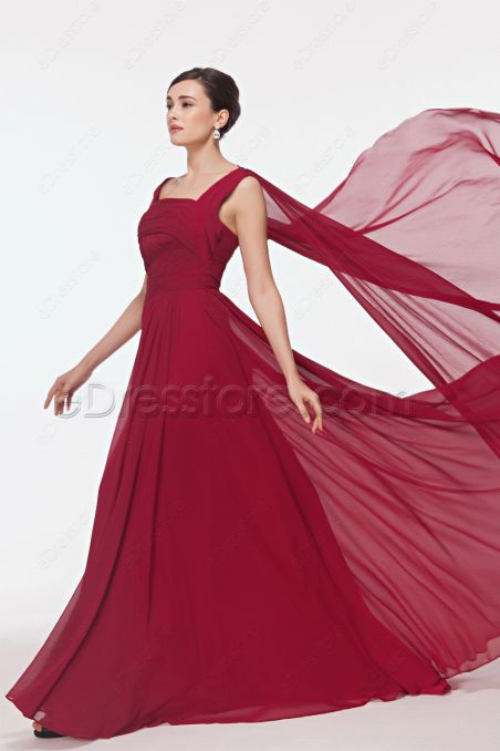 Burgundy Long Prom Dresses with Watteau Train