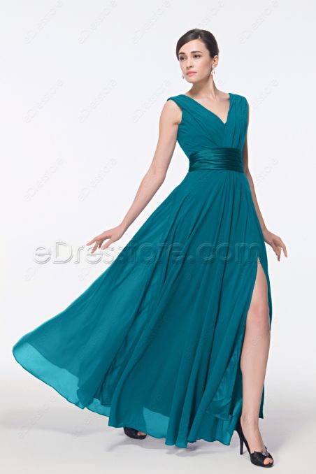 V Neck Teal prom dresses with Slit