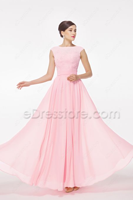 Modest Light Pink Bridesmaid Dress Cap Sleeves