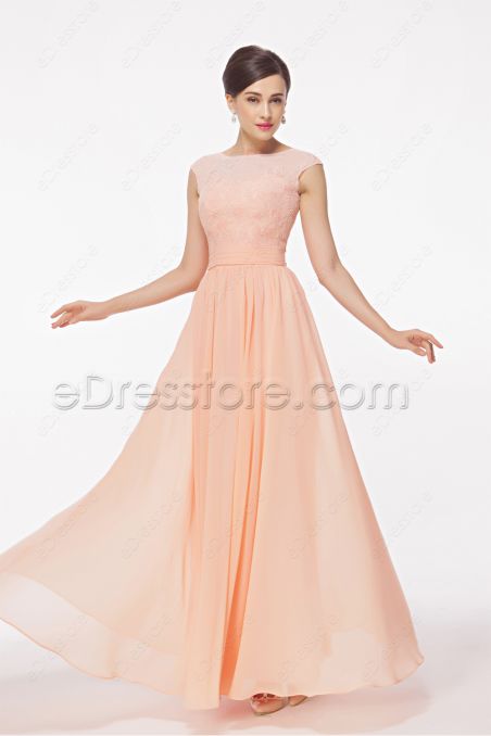 Modest Peach Prom Dresses Cap Sleeves