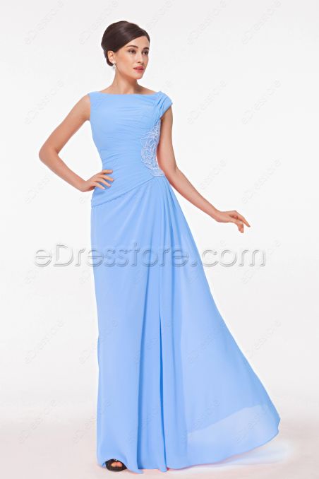 Light Blue Modest Prom Dresses Long